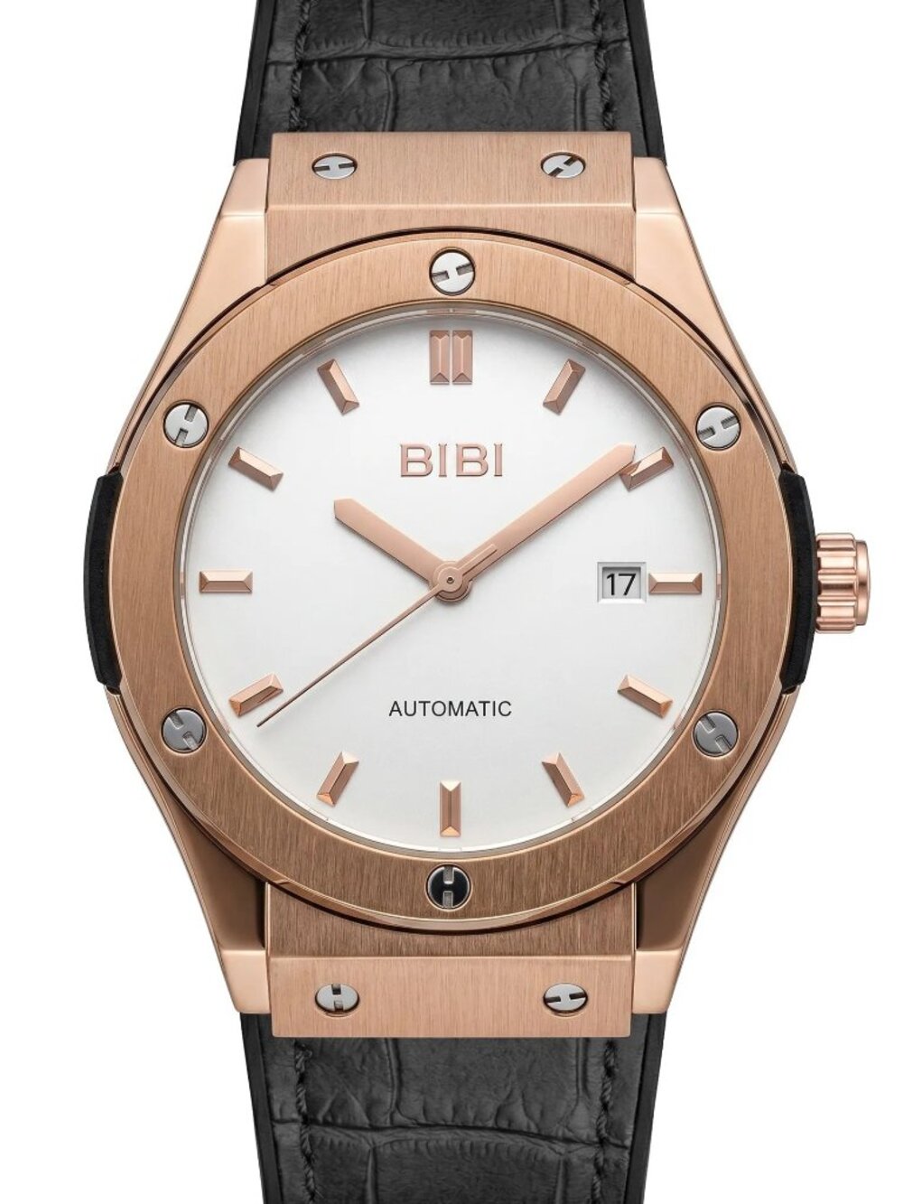 BiBi-B1121 Rose gold case, white dial, black silicone band